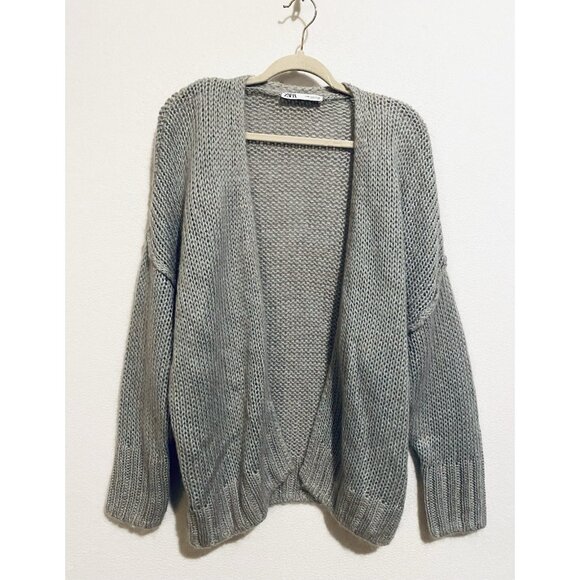 Zara Cardigan Sweater Womens Medium Gray Chunky Open Front Mohair Wool Classic - Picture 1 of 8